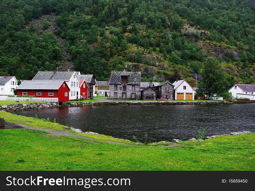 Traditional wooden houses in Lyrdal, Norway