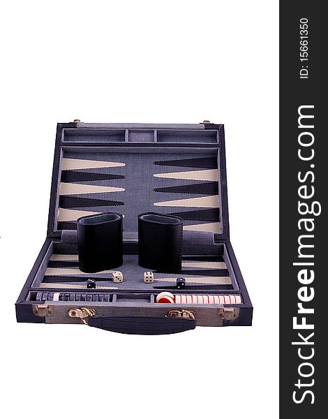 A backgammon suitcase board with board pieces. A backgammon suitcase board with board pieces