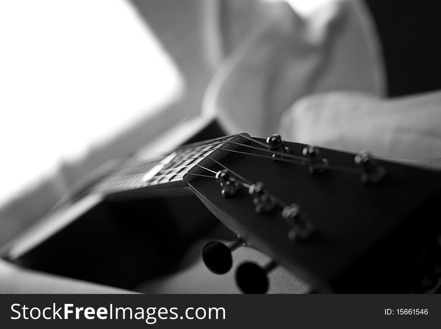 Black and White Angled View of Guitar