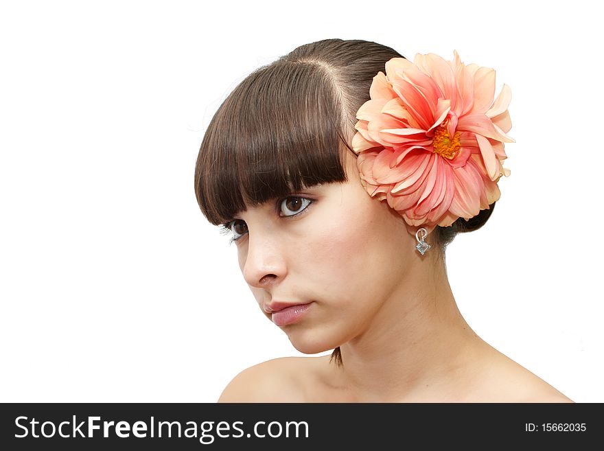 Front view of young beautiful woman's face with healthy fresh clean skin