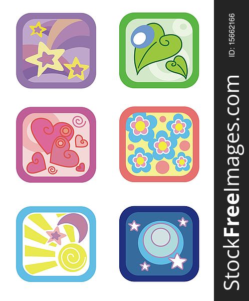 Six colorful childhood icons.Illustration. Six colorful childhood icons.Illustration