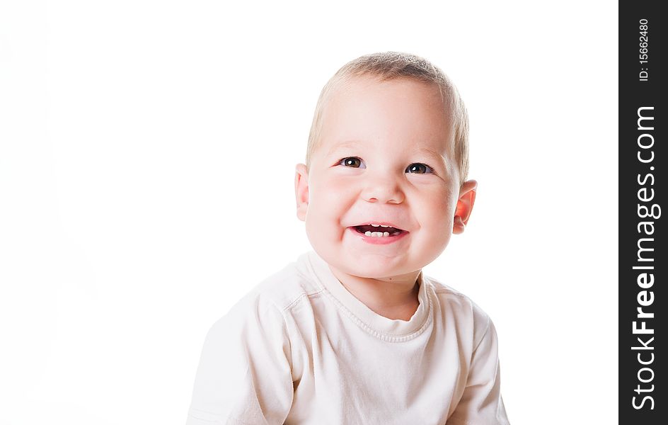 Cute little boy close-up on white background