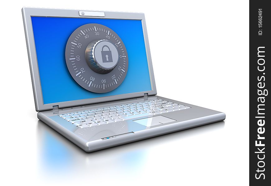 3d illustration of laptop protected by combination lock. 3d illustration of laptop protected by combination lock