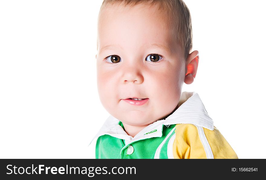 Cute little boy close-up on white background