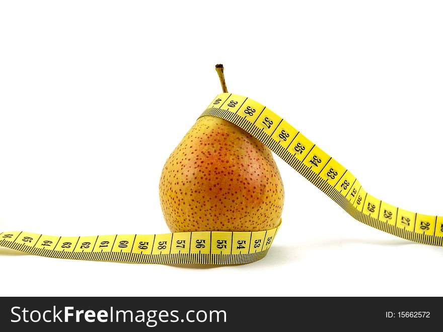 Studio shot of the pear with measuring tape. Diet concept. Studio shot of the pear with measuring tape. Diet concept.
