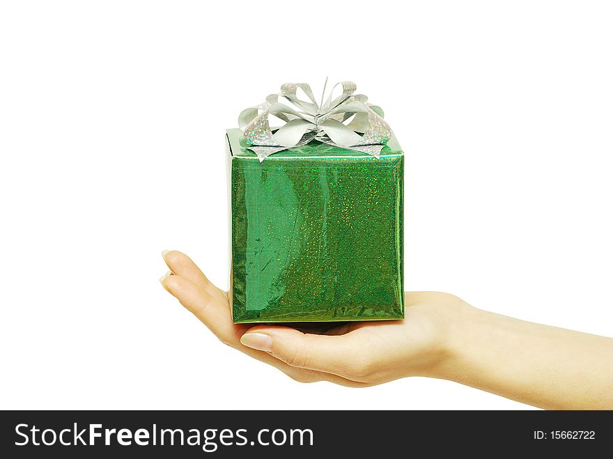 Hand and gift isolated on white background