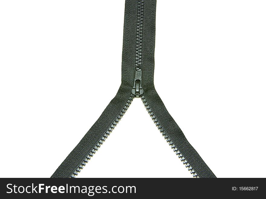 Unzipped back metal zipper on white background