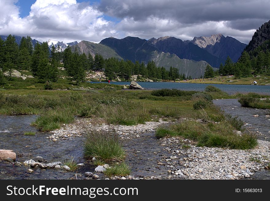 A view of Arpy lake in the italian alps