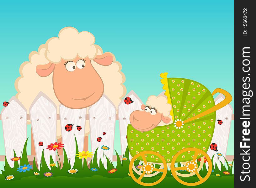 Cartoon smiling sheep with scribble baby carriage