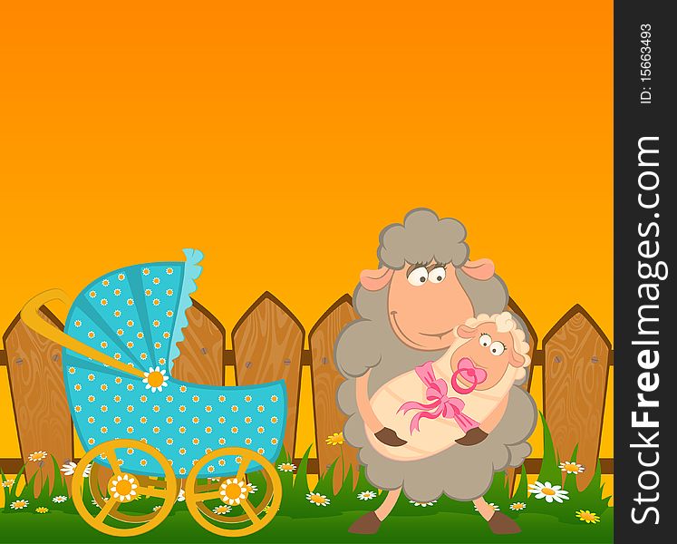 Cartoon smiling sheep with scribble baby carriage