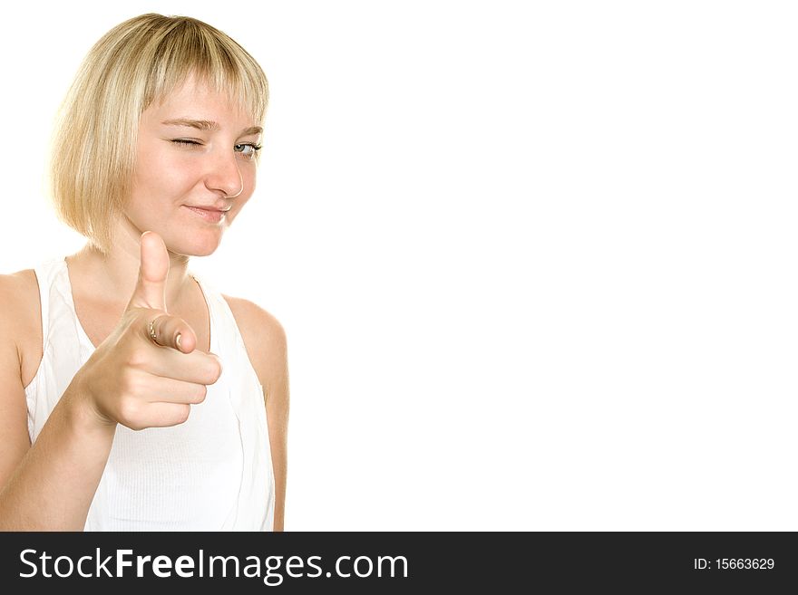 Young girl pointed a finger in the frame. Isolated on white background