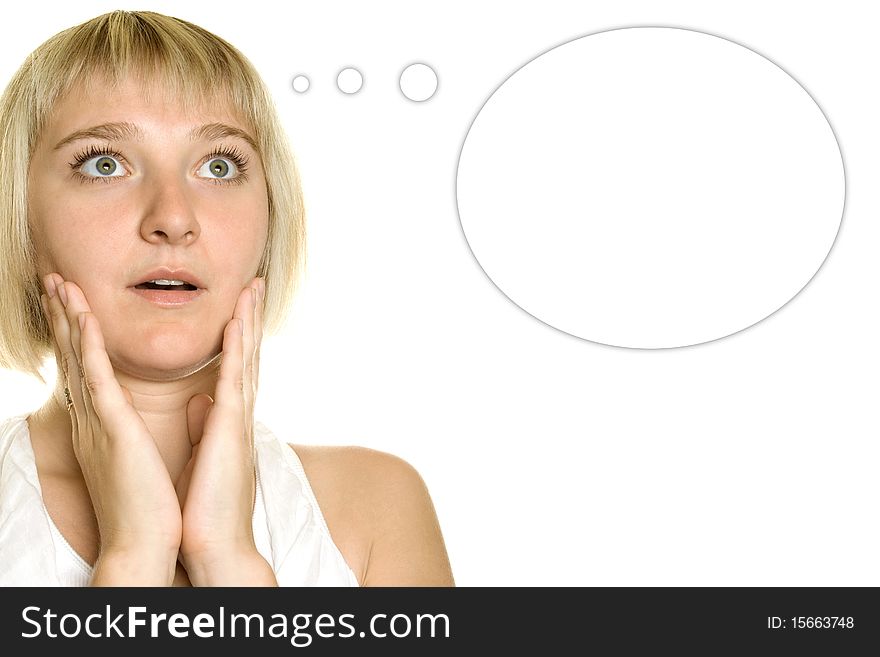 Close-up of a young woman looking surprised on white background