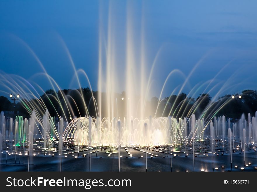 Great multicolored fountain at night. Moscow. Russia.