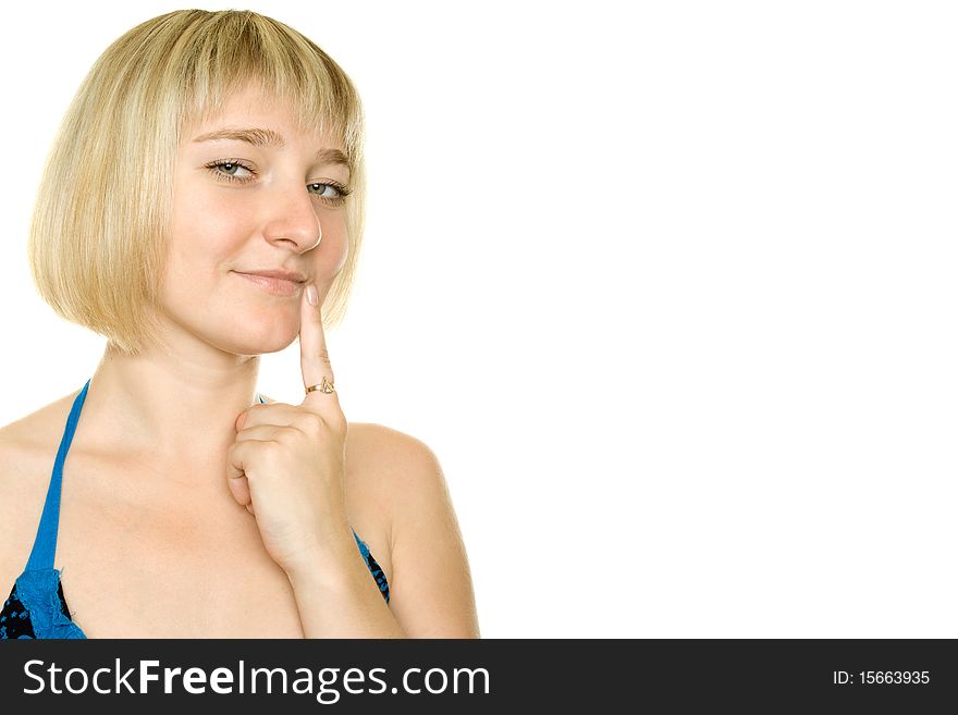 Thoughtful young lady on a white background