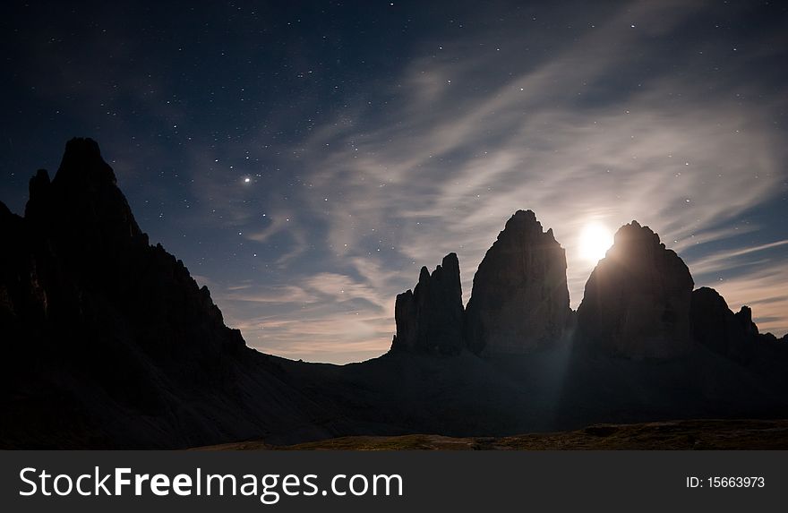 The lavaredo Peaks at night from the shelter Locatelli, Dolomites, Italy. The lavaredo Peaks at night from the shelter Locatelli, Dolomites, Italy