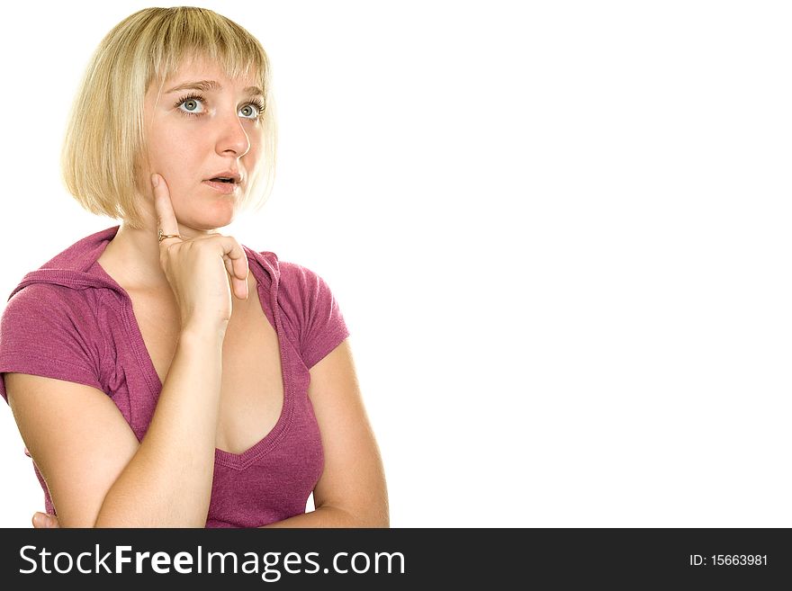 Young woman on white background. Surprised