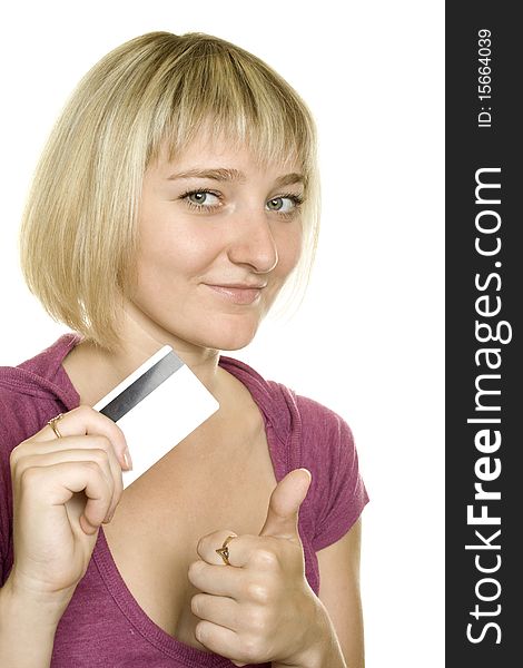 Portrait of a beautiful woman holding a blank credit card on white background. Portrait of a beautiful woman holding a blank credit card on white background