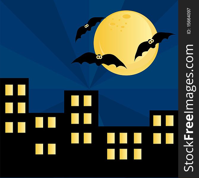 Halloween city landscape with bats over moon