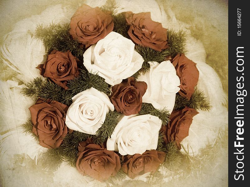 Vintage wedding bouquet of red and white roses