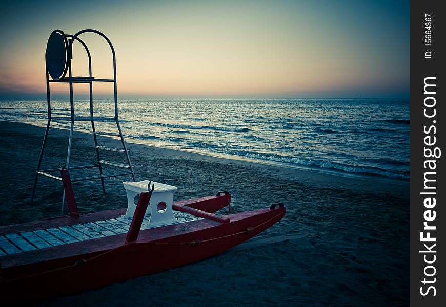 Finally evening the beach is empty and calm reigns over the desert coast, Italy, Adriatic Riviera. Finally evening the beach is empty and calm reigns over the desert coast, Italy, Adriatic Riviera