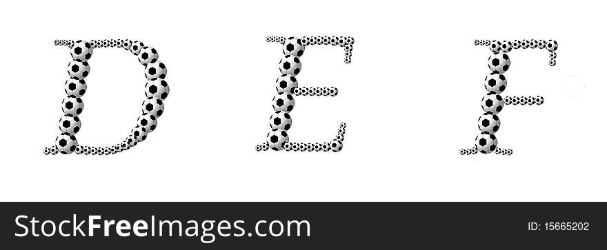 Letter D, E, F from footballs. Isolation on a white background