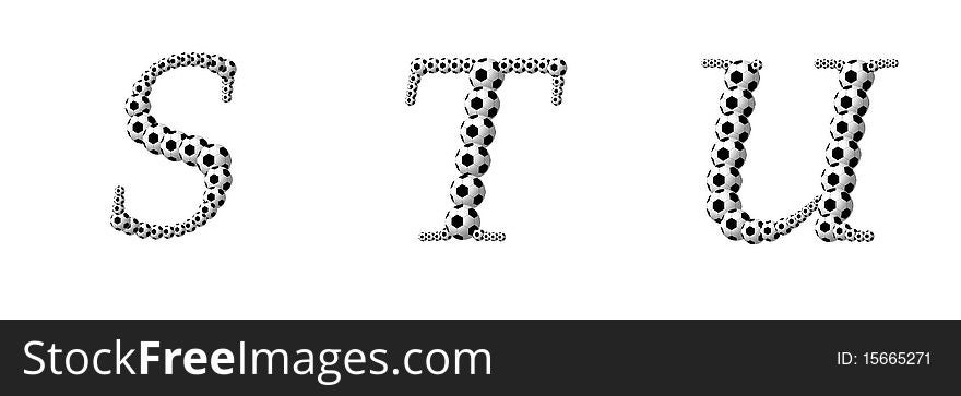 Letter S, T, U from footballs. Isolation on a white background