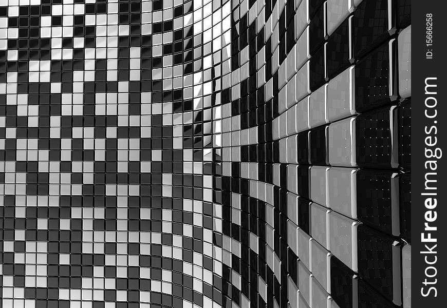 A wall of black and white mosaic in the shape of squares. A wall of black and white mosaic in the shape of squares