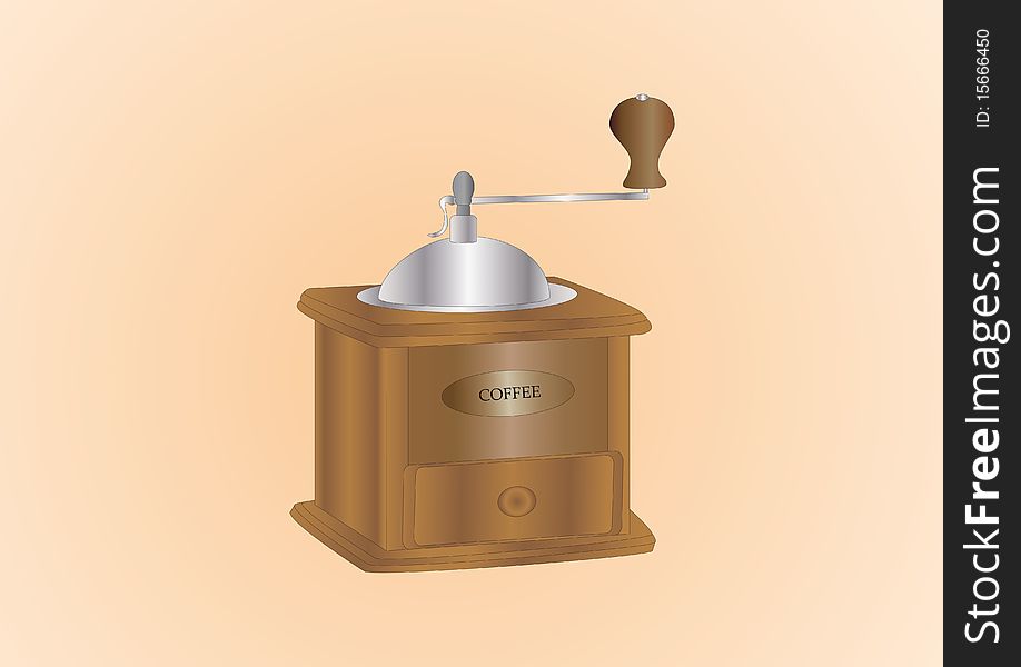 Illustration of a wooden coffee mill on light background