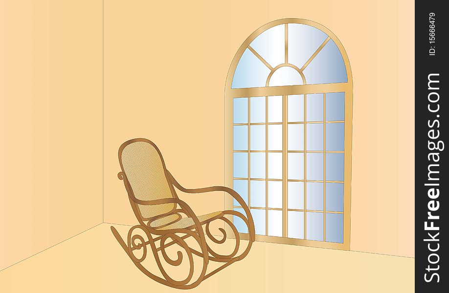 Wooden rocking chair in front of a light window. Wooden rocking chair in front of a light window