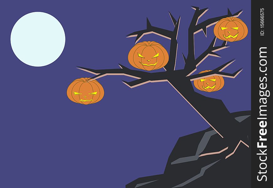 Dark tree with pumpkins - Halloween background