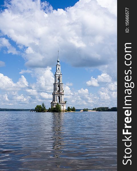 The flooded belltower on river Volga, Kalyazin, Russia