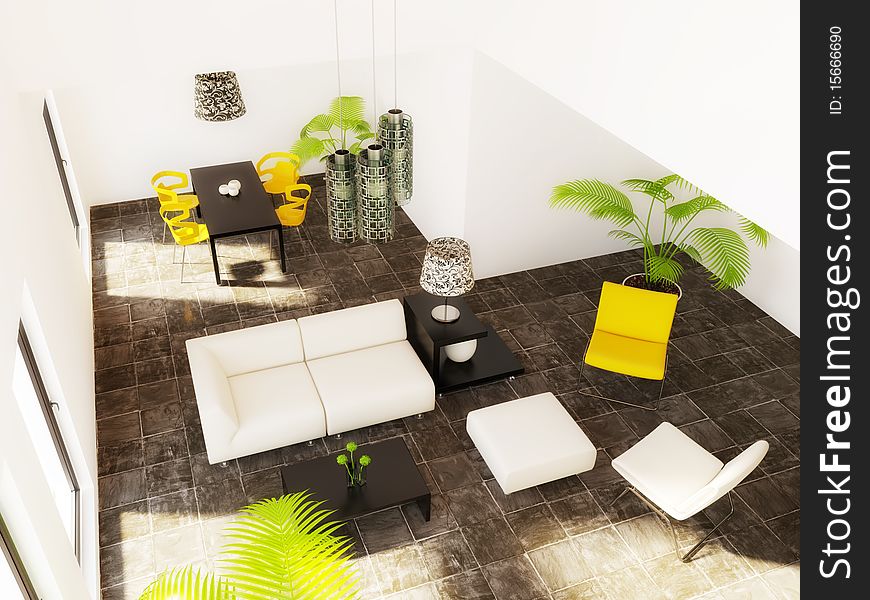 Modern room with yellow furniture and white wall