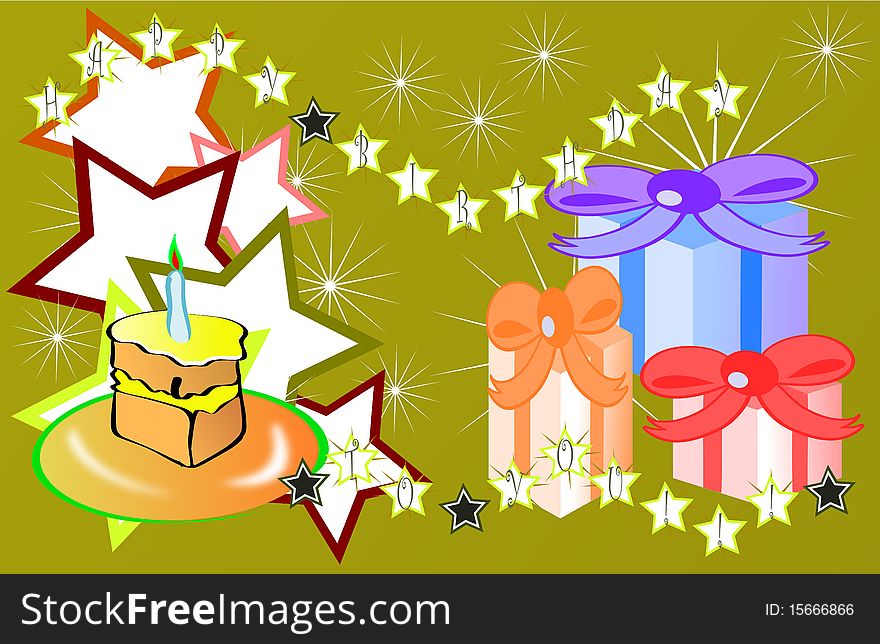 Image representing a composition of stars and gifts with a small cake with a lighted candle and the words "Happy Birthday to you". A colorful illustration that can be used for all projects involving birthdays. Image representing a composition of stars and gifts with a small cake with a lighted candle and the words "Happy Birthday to you". A colorful illustration that can be used for all projects involving birthdays.