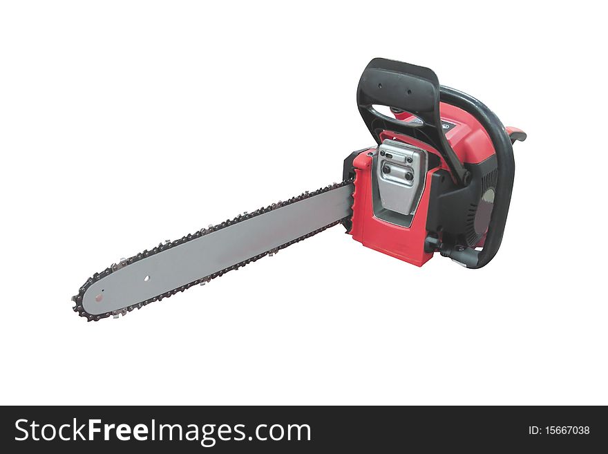 The image of gasoline-powered saw under the white background. Focus is under the front part of saw