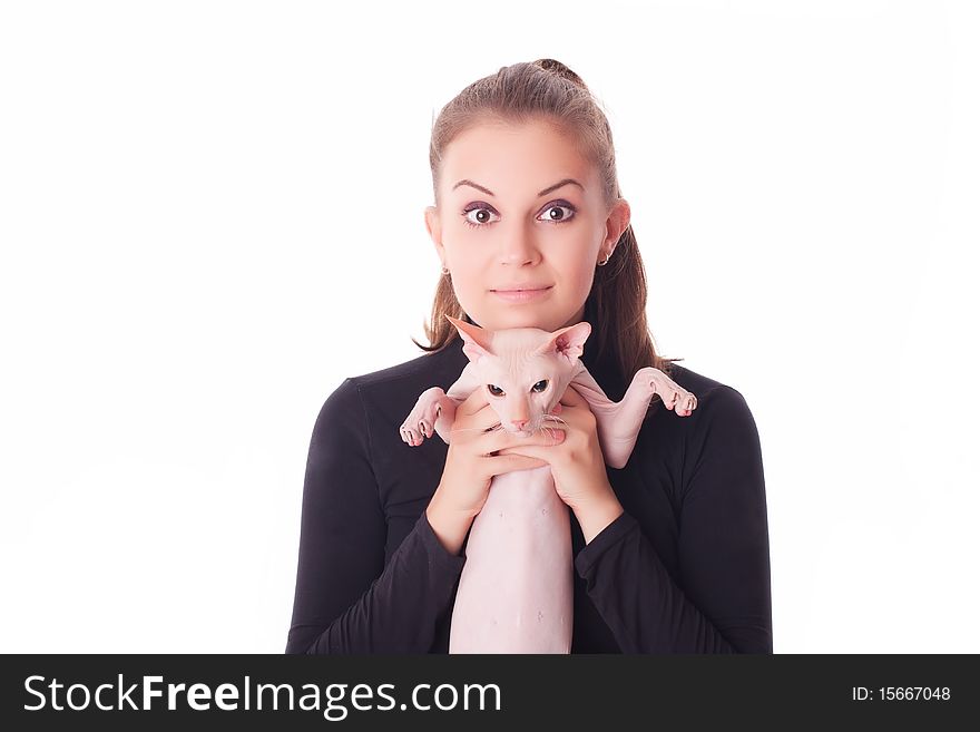 Beautiful young woman with a cat on a white background