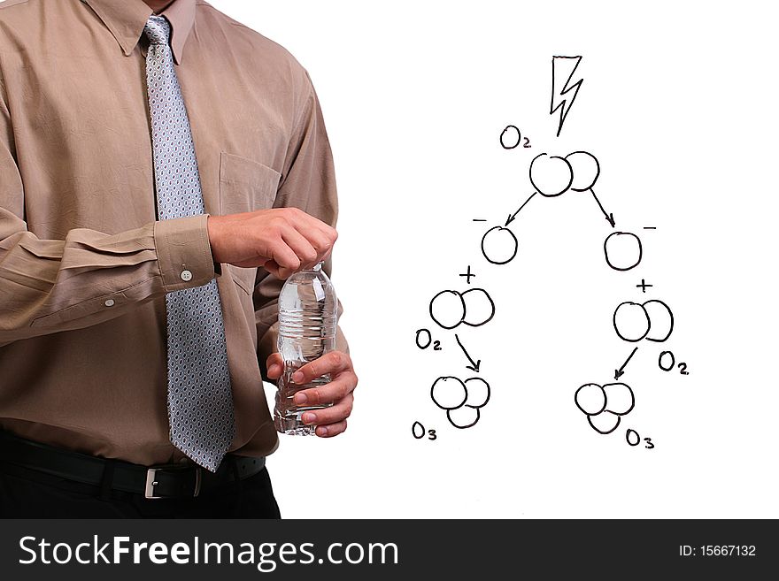 Man in a shirt and a tie opening a bottle of water while standing next to a drawing of ozone formation. Man in a shirt and a tie opening a bottle of water while standing next to a drawing of ozone formation.