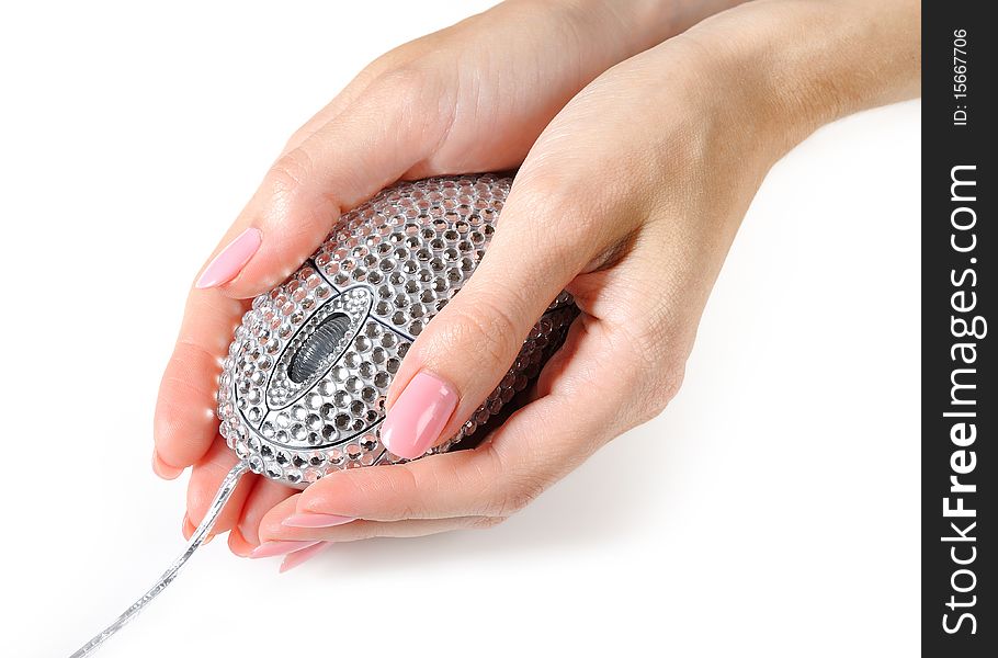 Beautiful woman hand a crystalised computer mouse