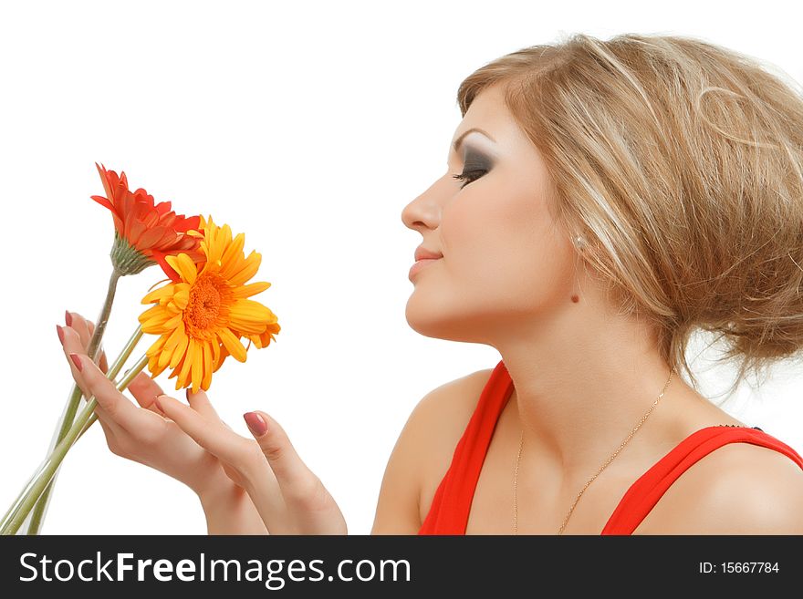 Portrait of Beautiful woman with flowers isolated on white