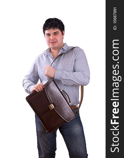 Business man holding elegant brown leather briefcase. Business man holding elegant brown leather briefcase