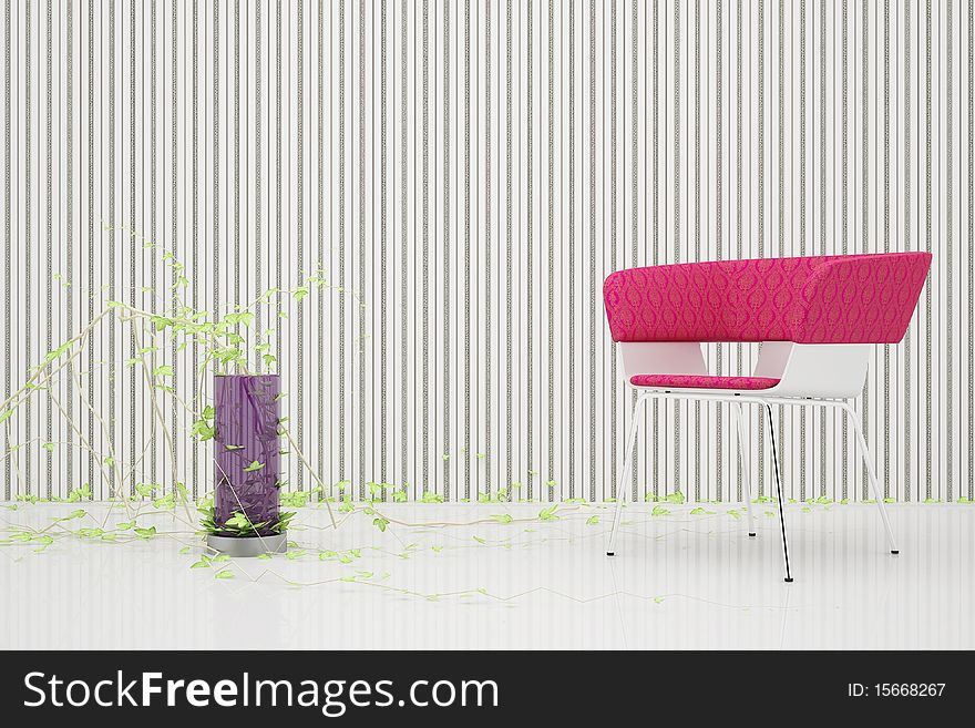 Easy chair with a red back in the room with a mirrored floor and a vase of purple glass