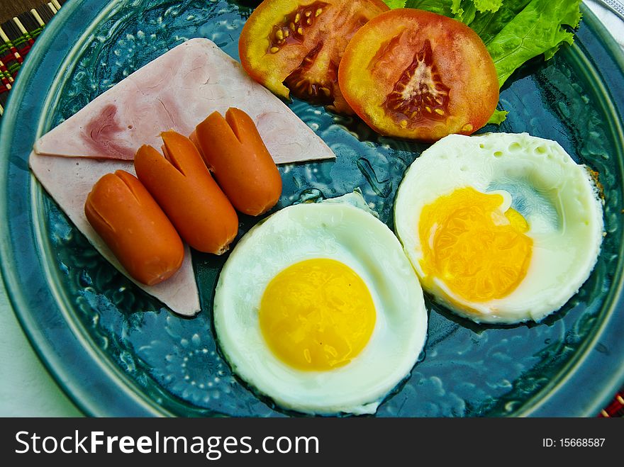 Fried egg with ham and sausage on plate