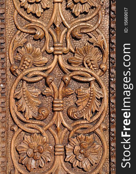 Detail of old carved wooden door. Detail of old carved wooden door