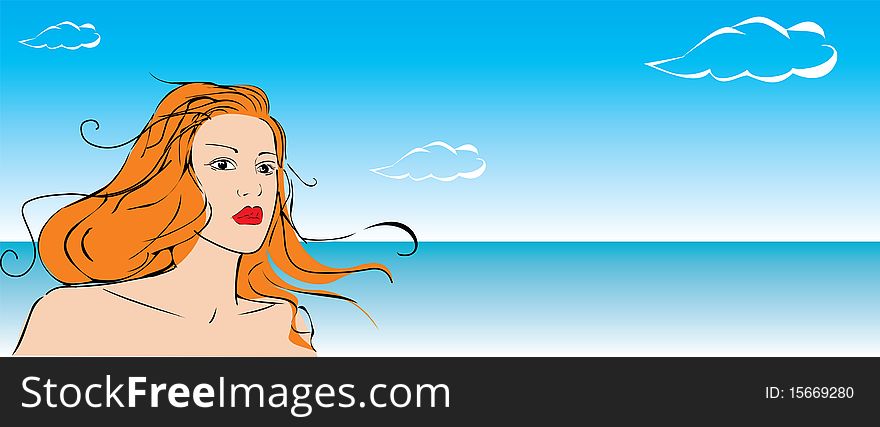 Vector portrait of a beautiful young woman against the sky, sea and clouds. Vector portrait of a beautiful young woman against the sky, sea and clouds