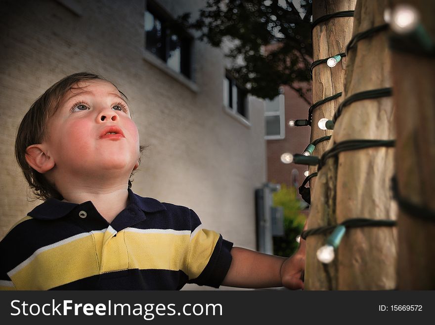 Young boy captivated by lights. Young boy captivated by lights