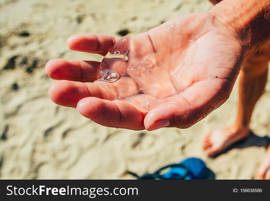 Small transpatent jellyfish in tha hand on the sand beach