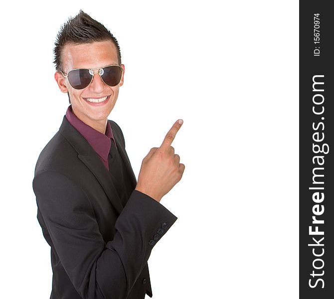 Young stylish businessman with sunglasses isolated over white background. Fresh trendy background. Young stylish businessman with sunglasses isolated over white background. Fresh trendy background.