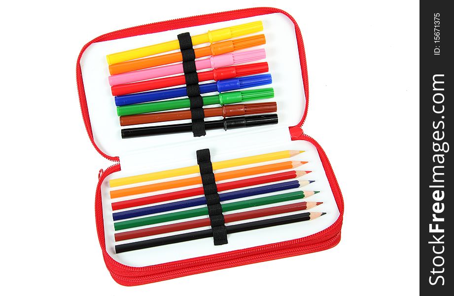 Colored pencils in a case