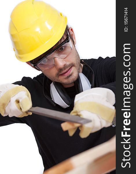 Construction worker grinding wooden bar on white background