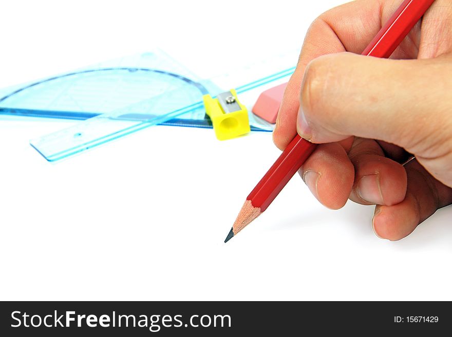 Pencil in male hand and ruler. Pencil in male hand and ruler