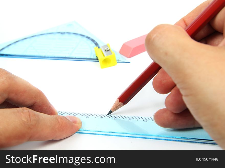 Pencil in male hand and ruler. Pencil in male hand and ruler